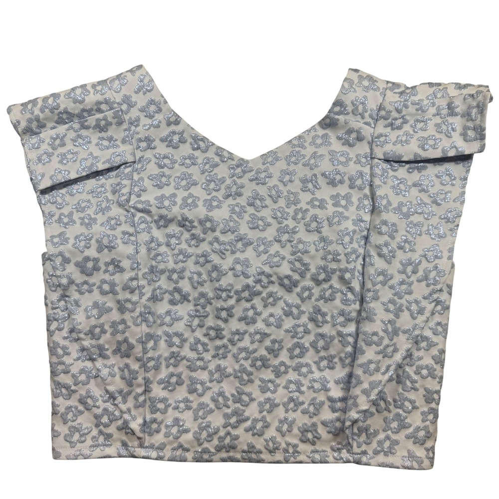 Koch Womens Medium Blouse Cecilia Blue Disco Floral Crop Top Zipper Ruffles - Picture 5 of 9